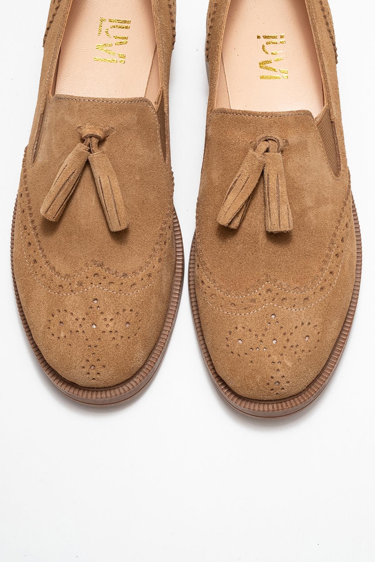Alex - Taupe Suede Genuine Leather Tassel Elastic Loafer (Women) - Image 2