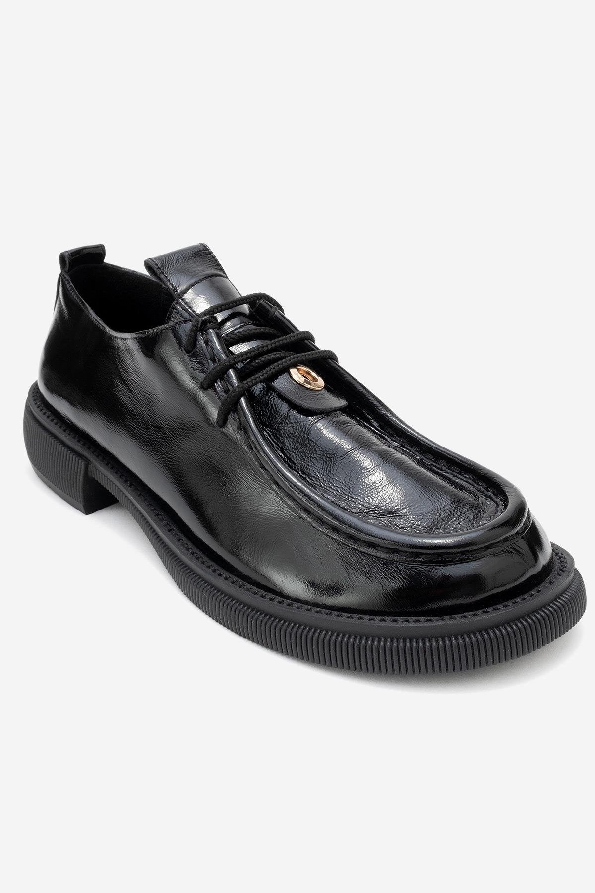 Band - Black Crinkled Patent Genuine Leather Lace-Up Loafer (Women) - Image 3