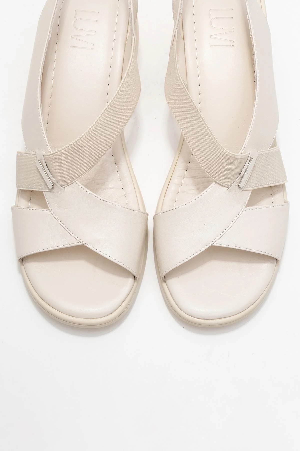 Crina Beige Elasticated Leather Chunky Heel Sandal (Women) - Image 2