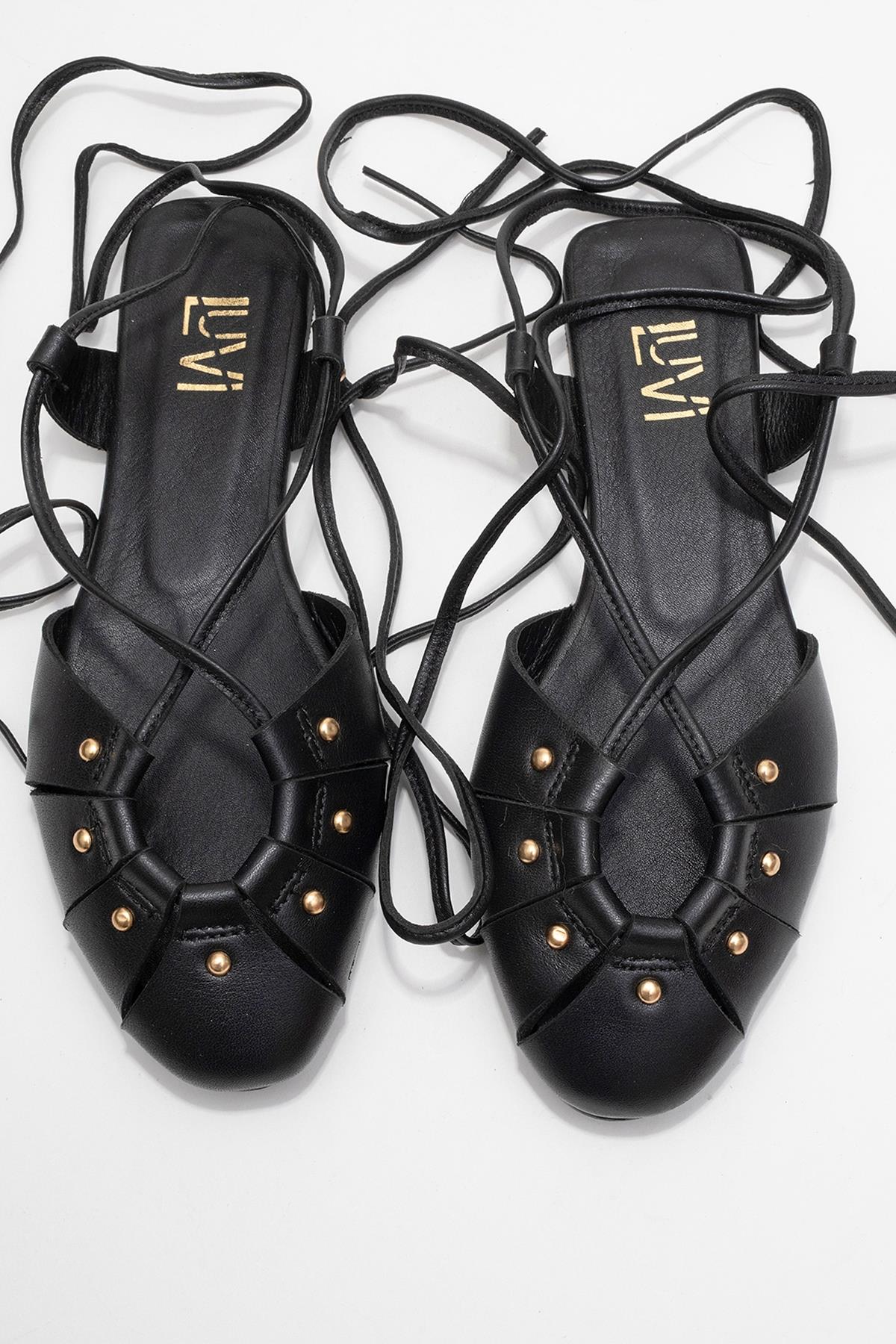 Daria - Black Genuine Leather Studded Ankle-Lace Sandal (Women) - Image 2