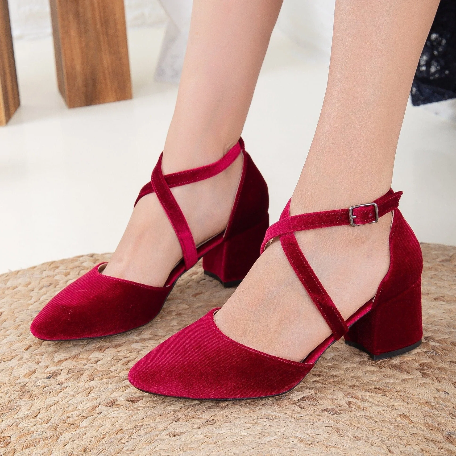 Dolly - Burgundy Velvet Low Heels - Image 3