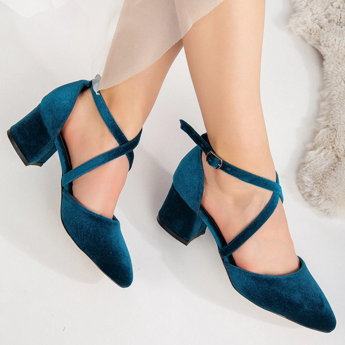 Dolly - Teal Blue Velvet Heels - Image 4