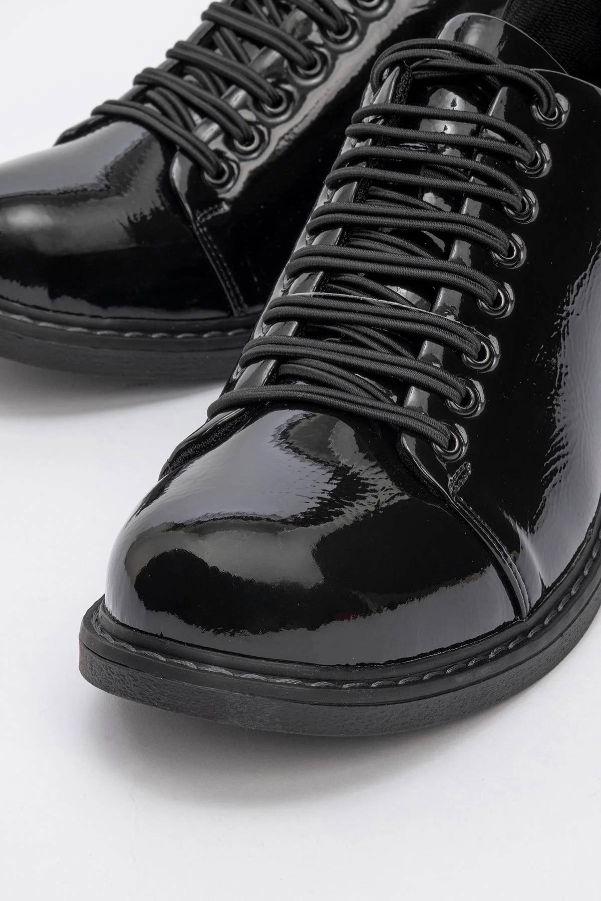 Festy - Black Patent Elastic Lace-Up Casual Shoe (Women) - Image 3