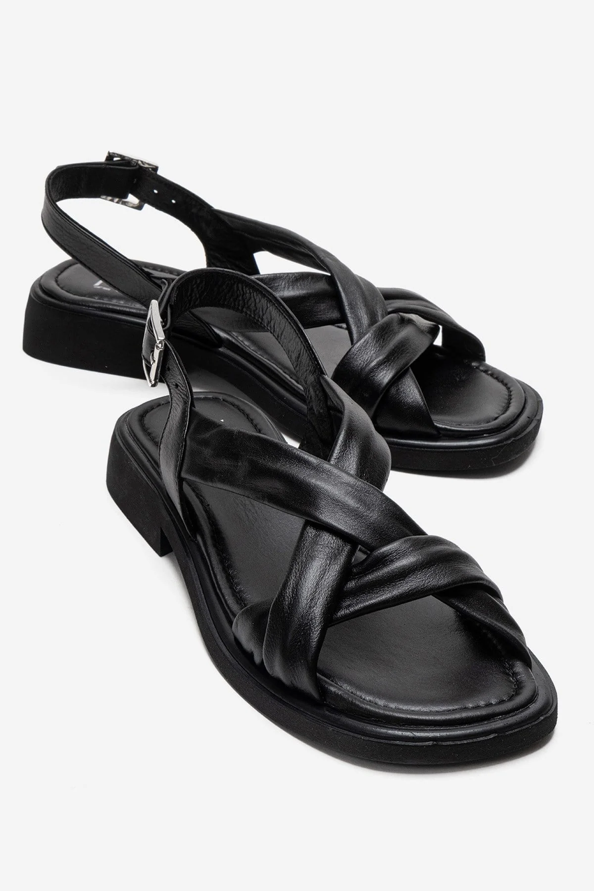 FRAND - Black Genuine Leather Crisscross Strap Sandal (Women)