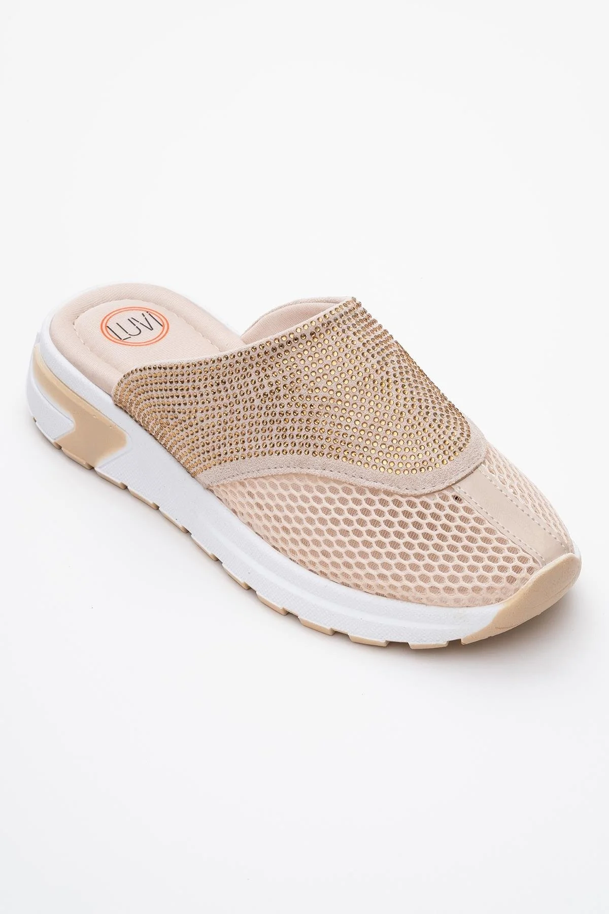 GLEA Beige Mesh Rhinestone Mules (Women) - Image 3