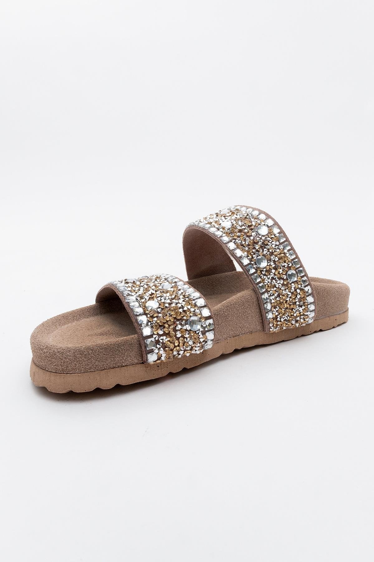 Jamie - beige Leather Double Strap Slide Sandal with Stones (Women) - Image 3