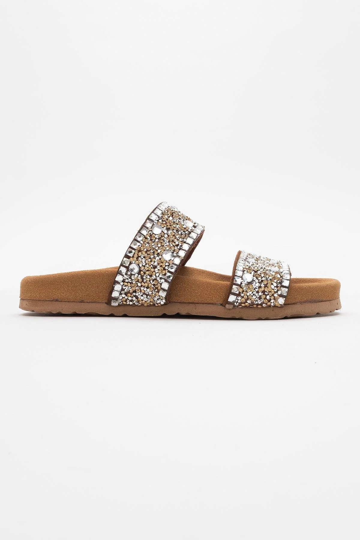 Jamie - Cognac Brown Leather Double Strap Slide Sandal with Stones (Women) - Image 3