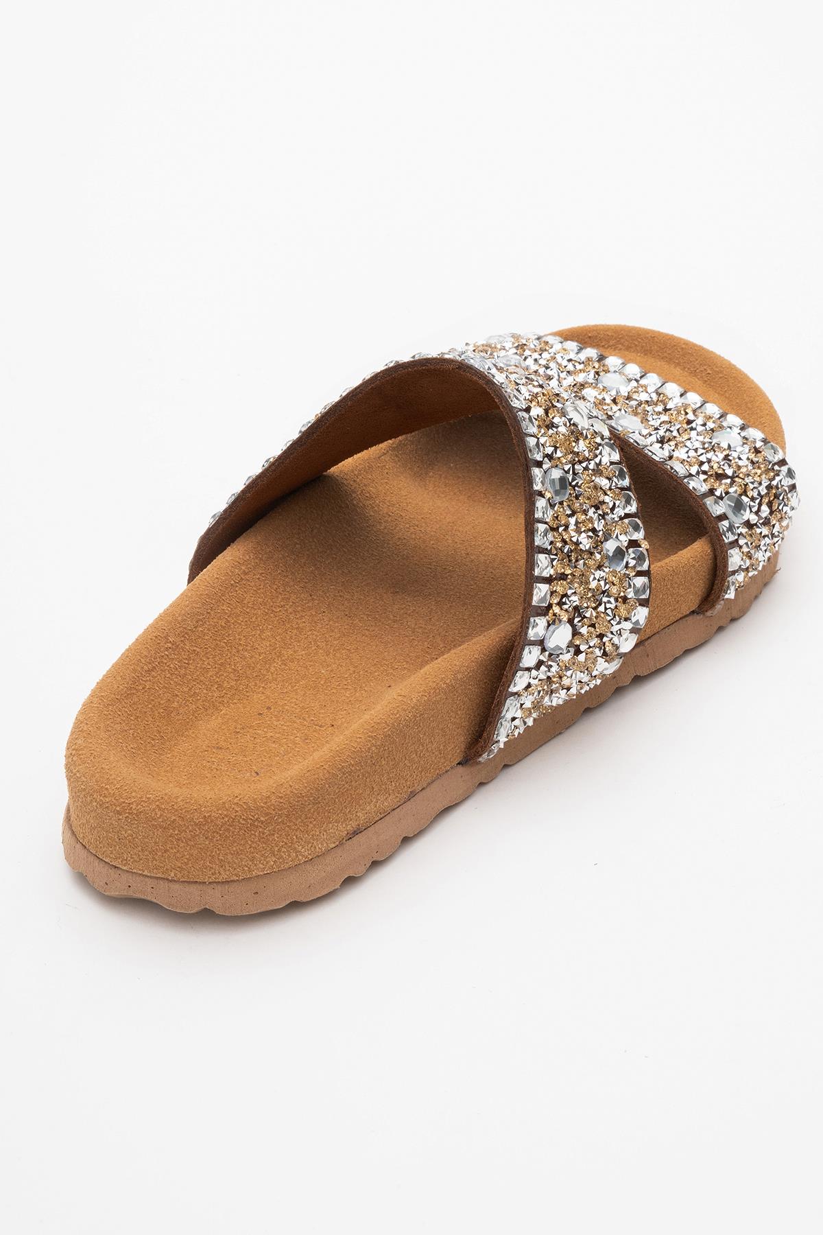 Jamie - Cognac Brown Leather Double Strap Slide Sandal with Stones (Women) - Image 4