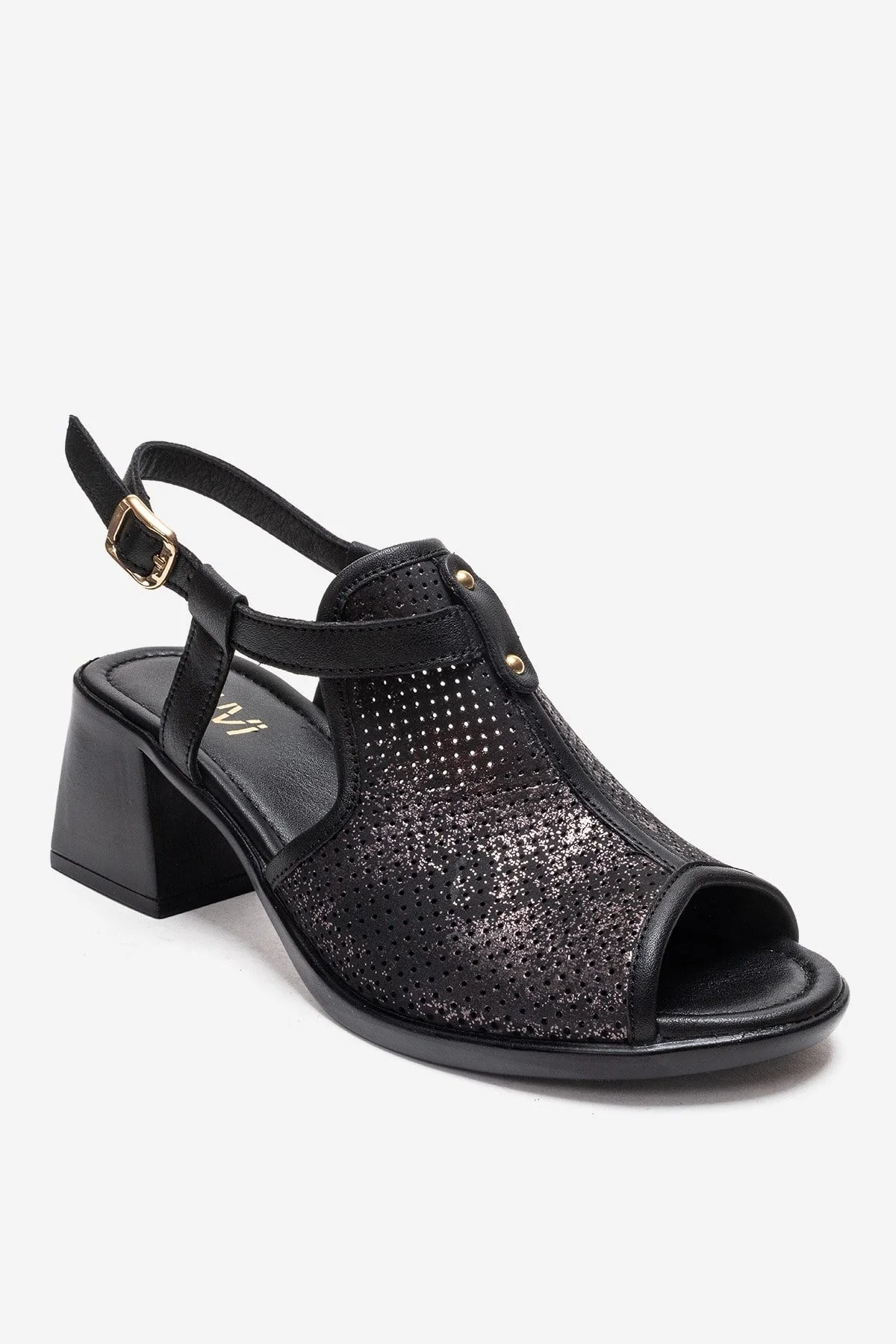 JANELLE - Black Genuine Leather Block Heel Sandal (Women)