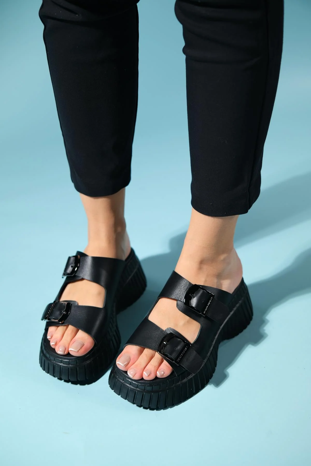 Joanes - Black Leather Two-Strap Platform Sandal (Women) - Image 7