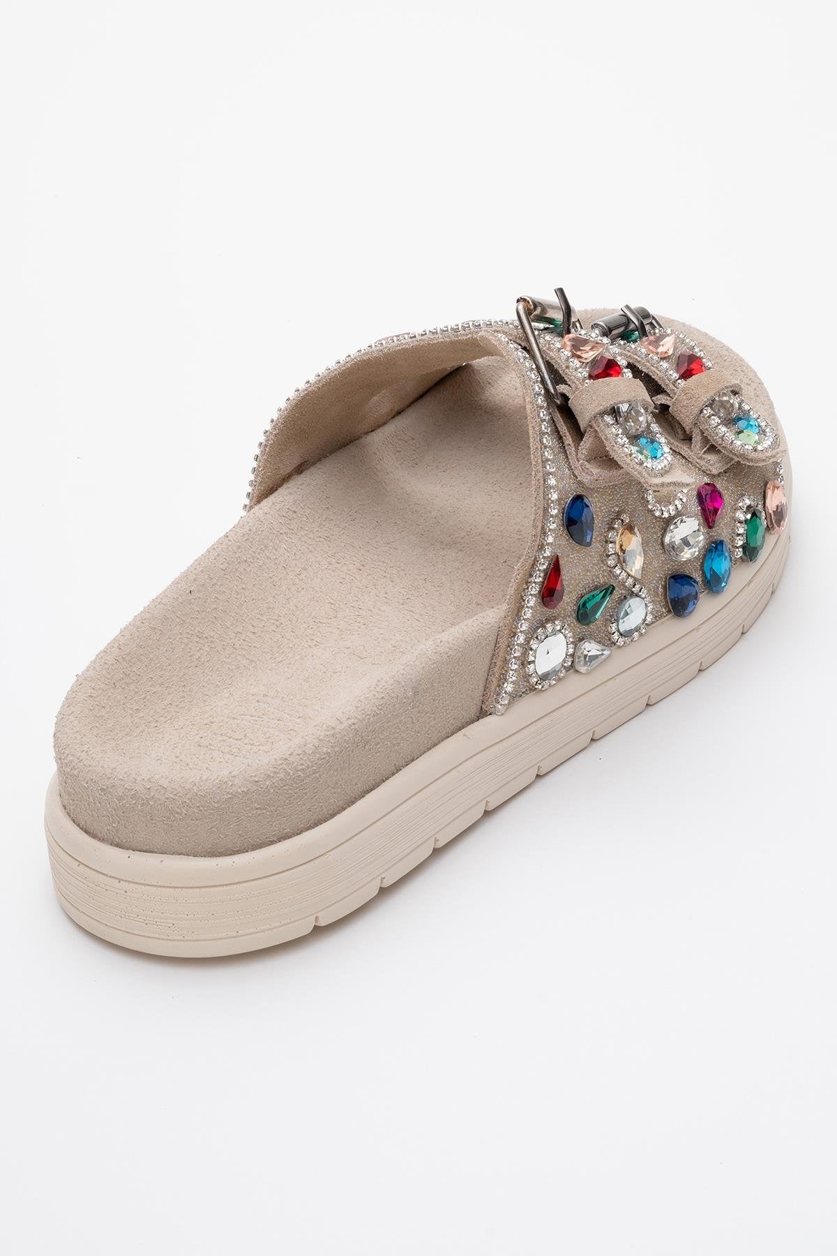 Jules - Beige Genuine Leather Double-Strap Jeweled Slide (Women) - Image 5