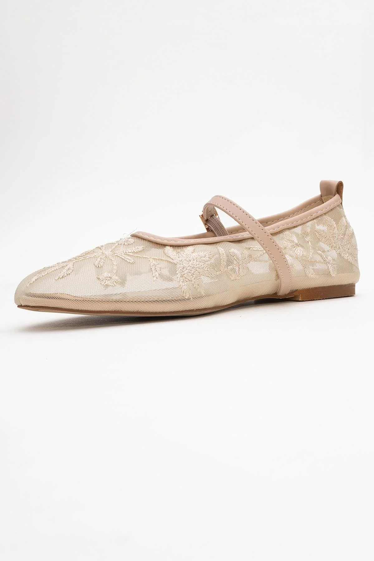 Juny Beige Mesh Floral Embroidery Ballet Flat (Women) - Image 4