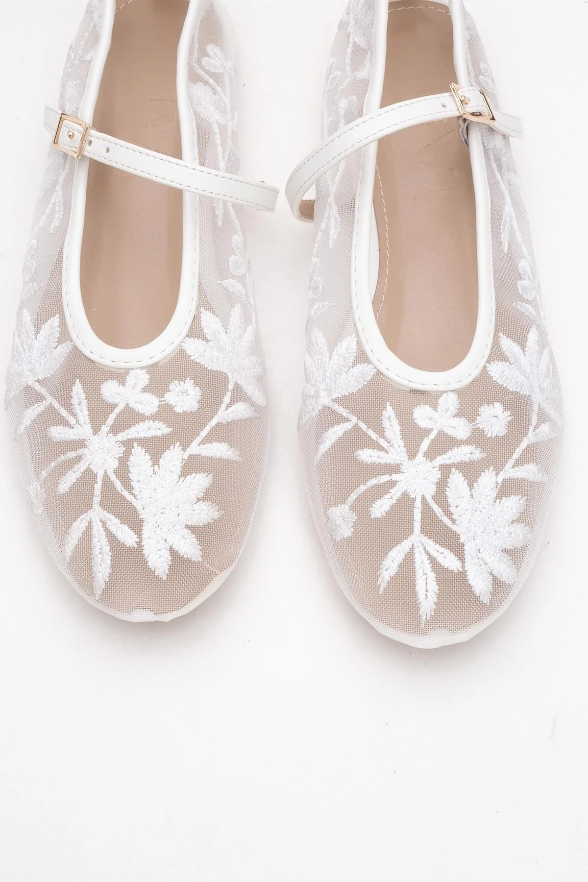Juny White Mesh Floral Embroidery Ballet Flat (Women) - Image 2