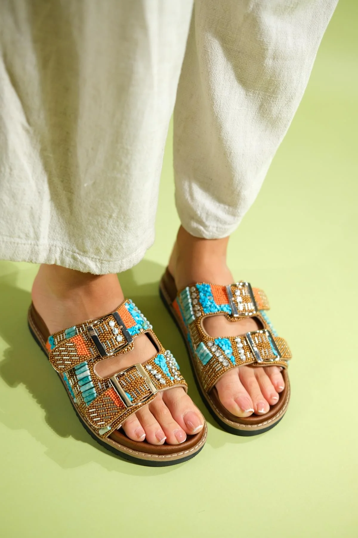 Lanso - Cognac Jeweled Double Strap Slide (Women) - Image 5