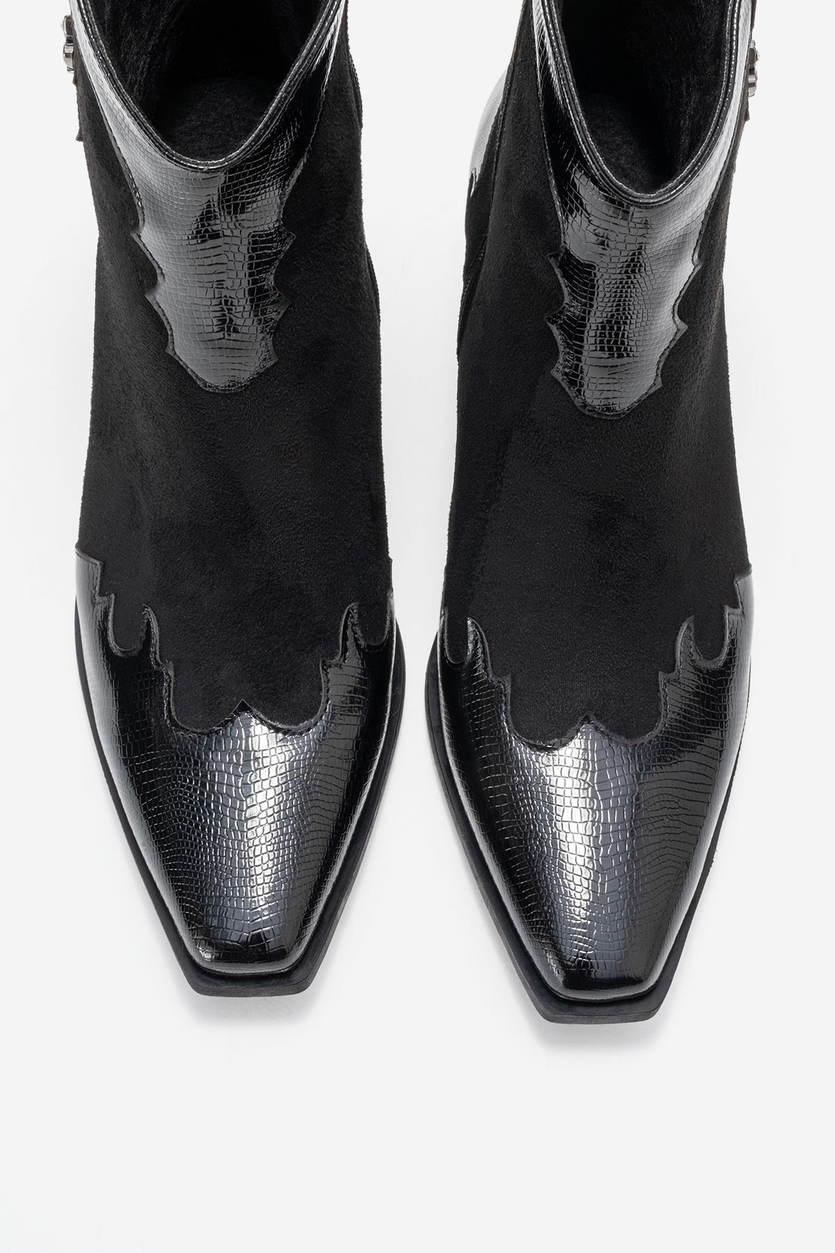 Loel - Black Suede Patterned Chunky Western Boot (Women) - Image 2