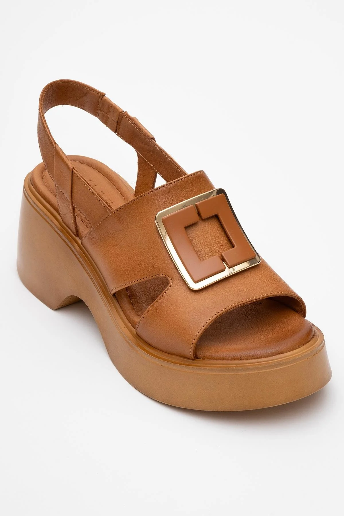 Lucia Cognac Brown Leather Buckle Platform Sandal (Women) - Image 3