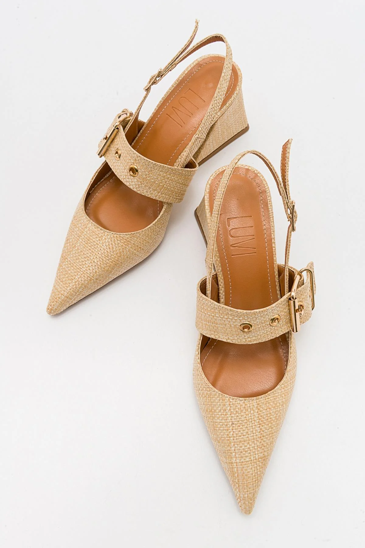 Nepido - Beige Woven Pointed Toe Open Back Chunky Heel Shoe (Women) - Image 3