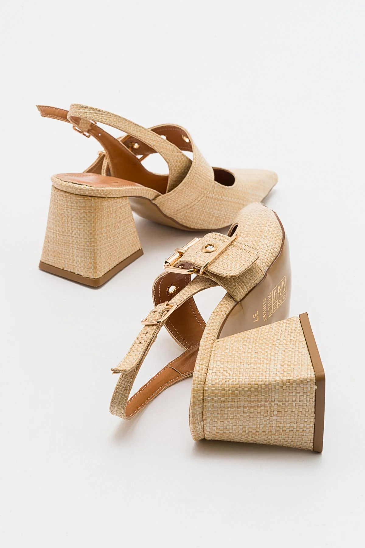 Nepido - Beige Woven Pointed Toe Open Back Chunky Heel Shoe (Women) - Image 5