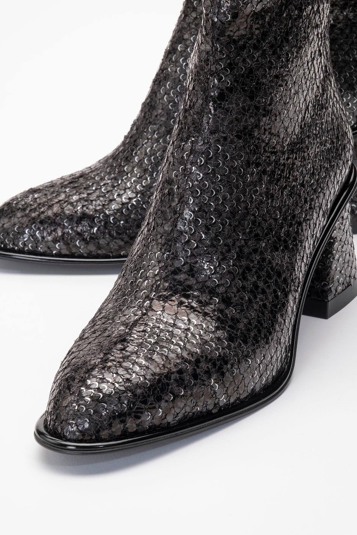 Nina - Black Patterned Block Heel Ankle Boot (Women) - Image 3