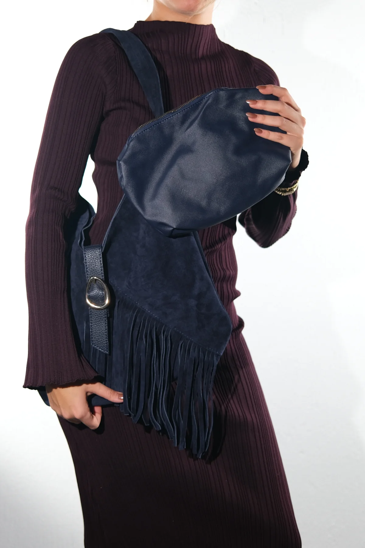NOCHE - Navy Genuine Suede Leather Tassel Shoulder Bag (Women) - Image 5