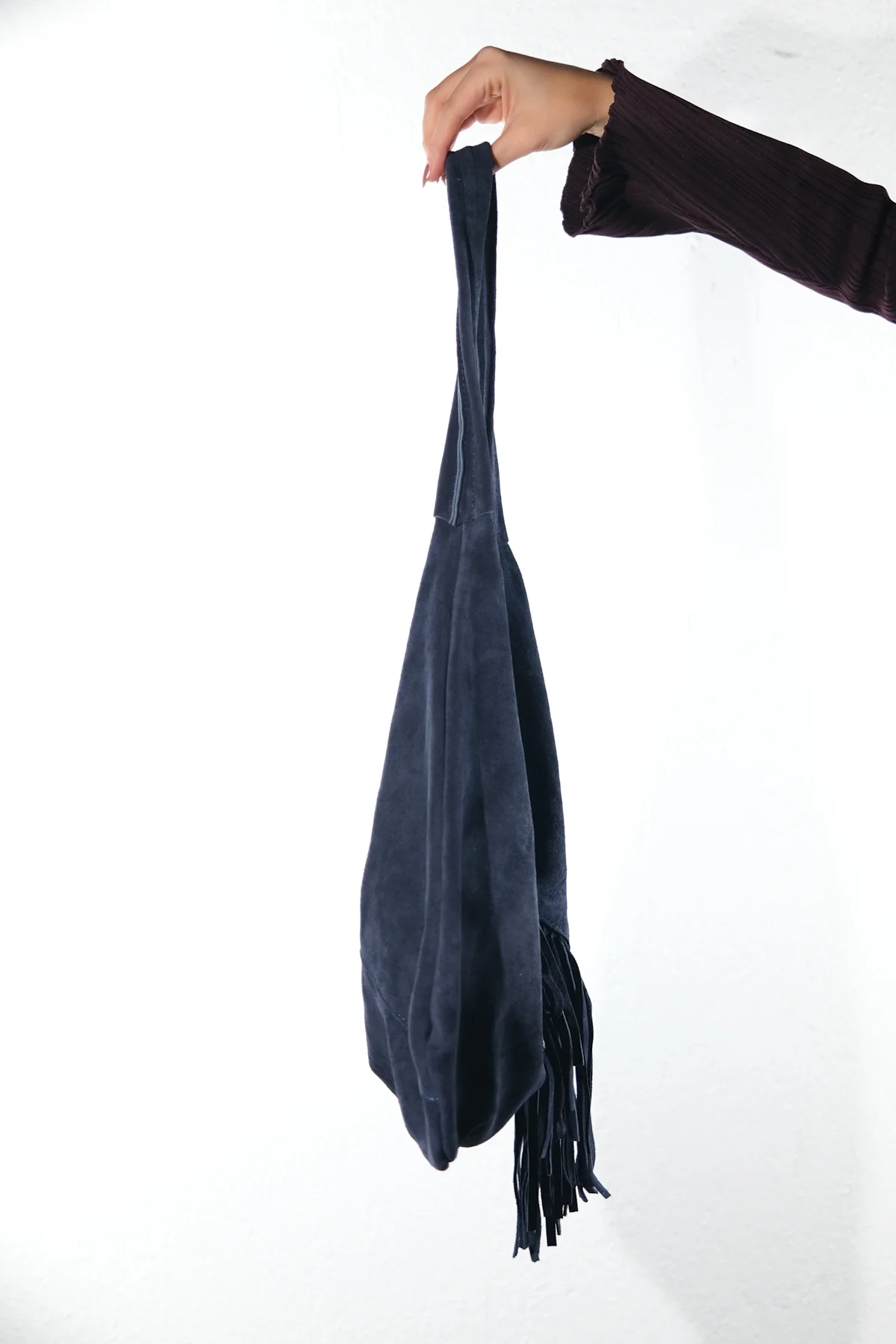 NOCHE - Navy Genuine Suede Leather Tassel Shoulder Bag (Women) - Image 6