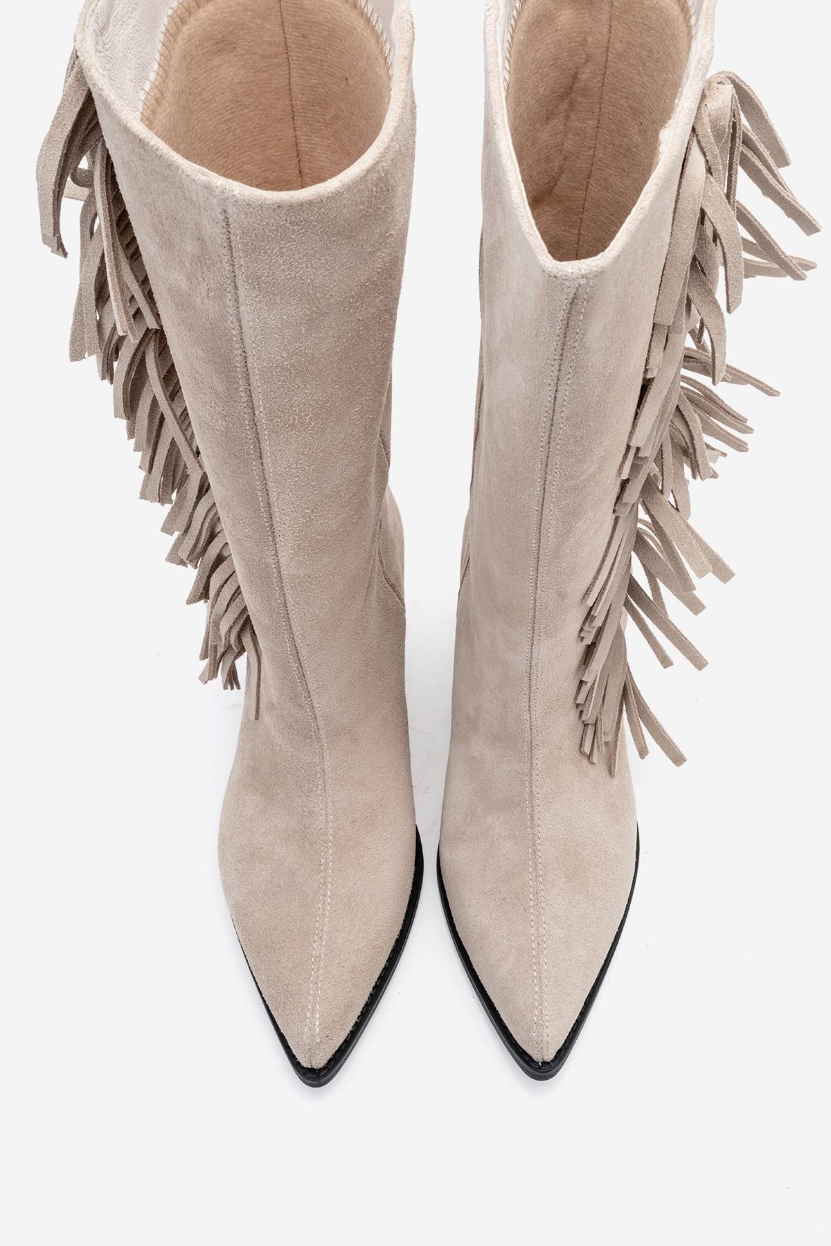 Orlo - Beige Suede Genuine Leather Fringed Western Boot (Women) - Image 2