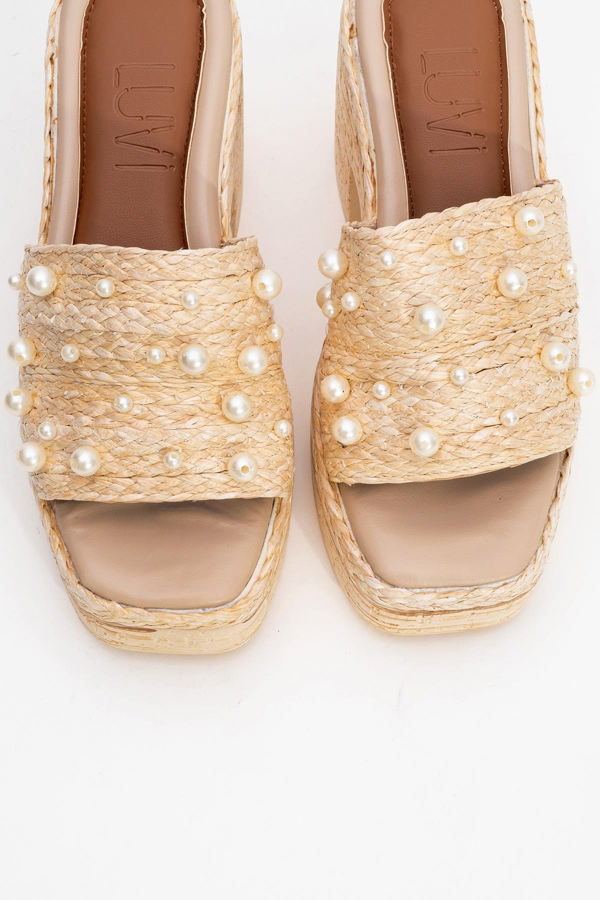 Rayne - Beige Straw Pearl Platform Heel Mule (Women) - Image 2