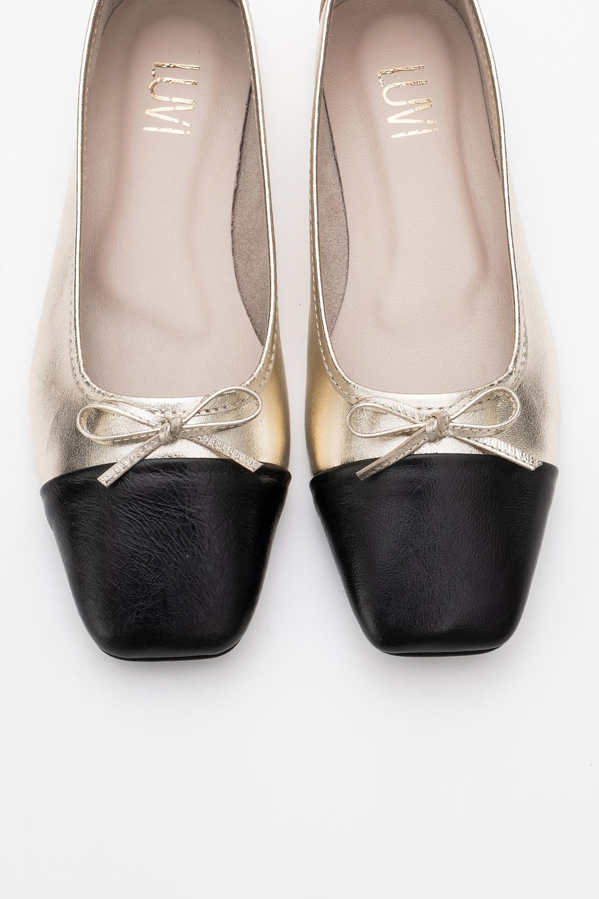 Romy - Gold-Black Genuine Leather Square Toe Bow Ballet Flat (Women) - Image 2