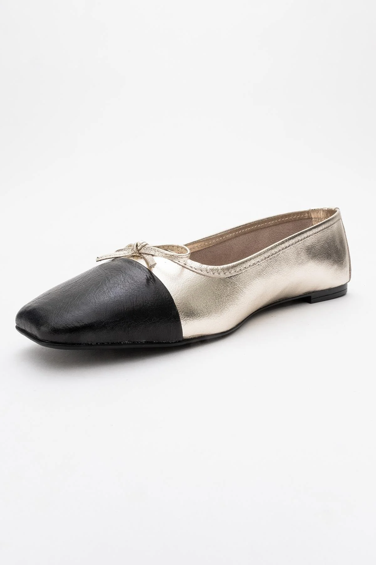 Romy - Gold-Black Genuine Leather Square Toe Bow Ballet Flat (Women) - Image 4