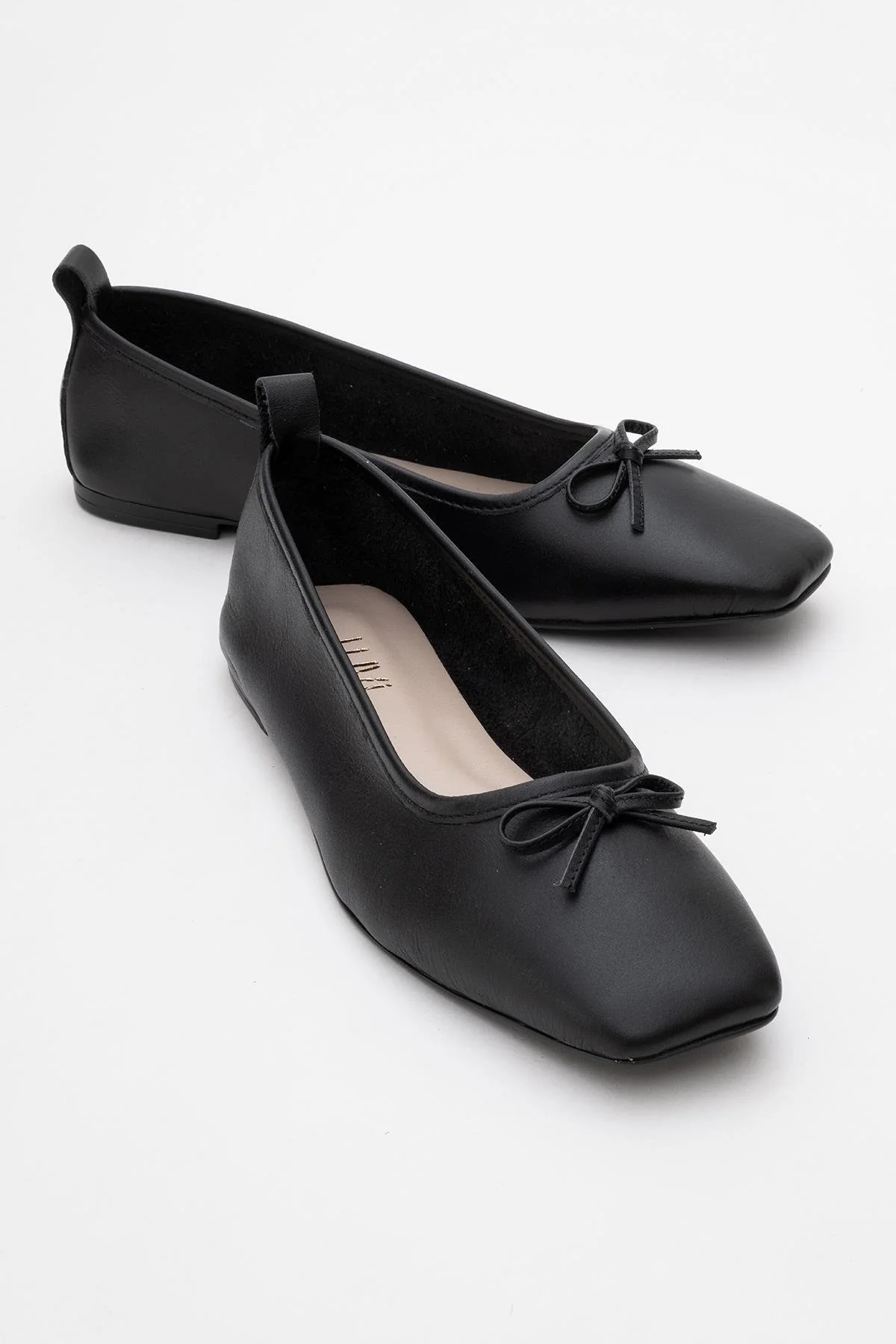 Sosa - Black Genuine Leather Square-Toe Bow Ballet Flat (Women)