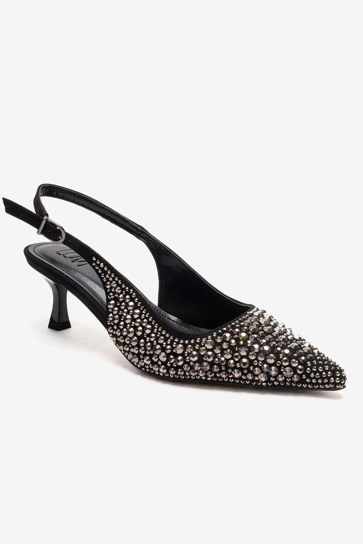 THEA - Black Genuine Leather Platinum-Crystal-Embellished Kitten Heel (Women) - Image 3